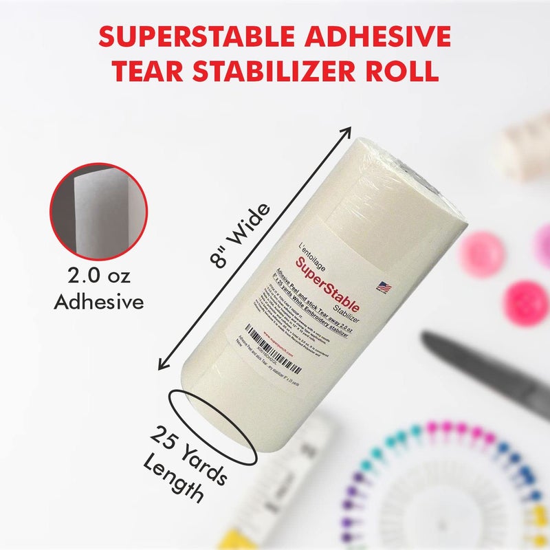 Superpunch White Adhesive Peel & Stick Tear Away Stabilizer for Embroidery - 8-inch x 25-Yard Roll, SuperStable Machine Embroidery Stabilizers Backing 2.0 oz for Hoop Less Embroidery, Made in USA - Image 2